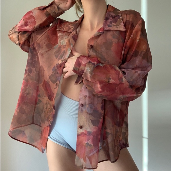 Vintage Silk Chiffon Floral Shirt Button Down L